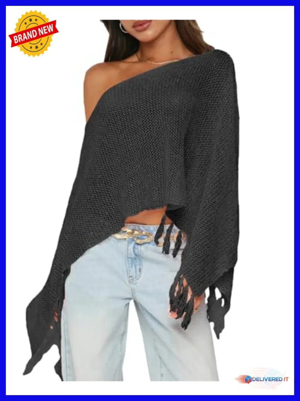 Sheer Knit Poncho, Off Shoulder Boat Neck Fringe Sweater Wrap, Lightweight